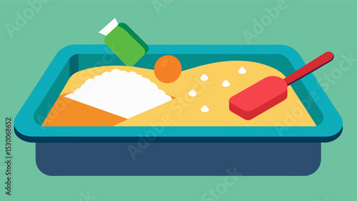 Creating a sensory bin filled with different materials such as rice sand and beans providing a therapeutic outlet for tactile exploration.. Vector illustration