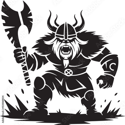 Silhouette of a viking warrior with horned helmet and axe in a black and white illustration