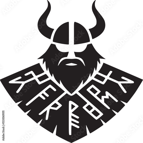 Illustration of a viking with horned helmet and beard with runic inscriptions on the clothing