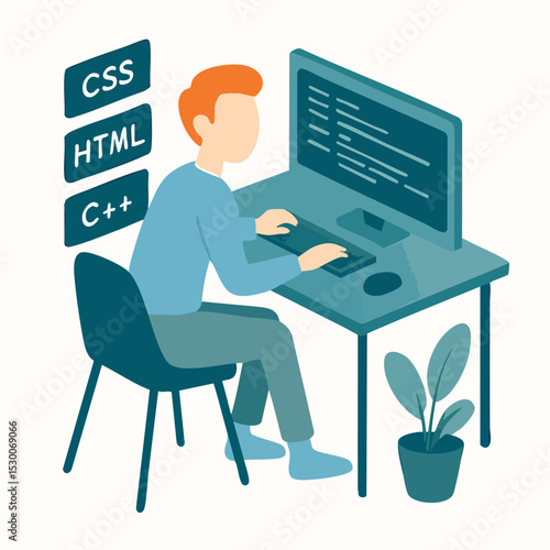 Isometric Young Man Coding on Computer Desk Illustration