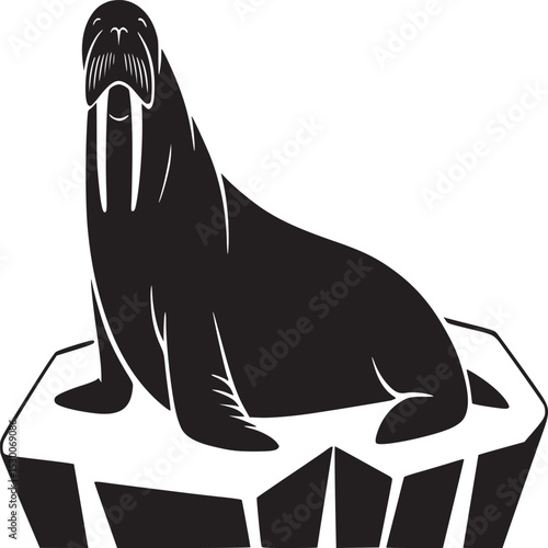 A black and white vector image of a walrus sitting on an ice floe with visible tusks and whiskers