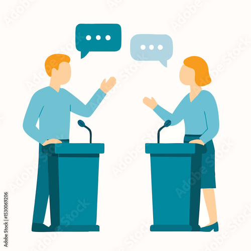 Flat Style Illustration People Debating on Podium with Speech Bubbles