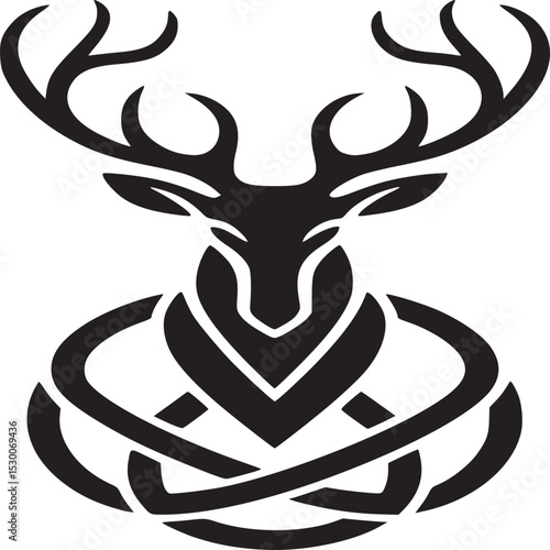 A black silhouette of a deer head with antlers and a celtic knot on a white isolated background