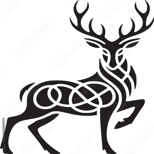 A black and white illustration of a deer with celtic knot designs on its body and antlers visible