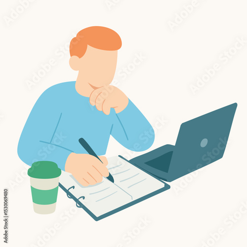 Flat Illustration of Thoughtful Man Writing on Notebook Beside Laptop and Drink