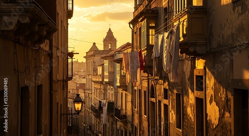 Old Street of Parallelepiped to the Evening with Golden Light
