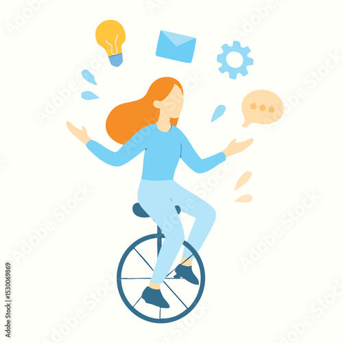Flat Style Young Woman Balancing on Unicycle with Business Items Illustration