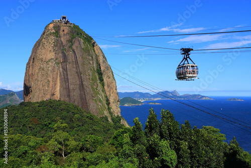 Brazil, Rio de Janeiro, Sugar Loaf Mountain - Pao de Acucar and cable car with the bay and Atlantic Ocean in the background. 