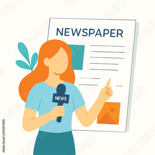 Minimalist Female Journalist Reporting News with Microphone and Newspaper Illustration