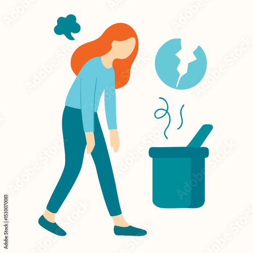 Simple Flat Illustration of Stressed Woman with Failed Cooking Recipe
