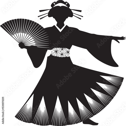 Silhouette of a geisha in a kimono holding a fan with decorative elements on a white background