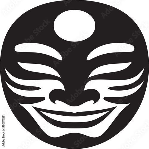 A stylized black and white illustration of a mask with a smiling face and a circle on its forehead