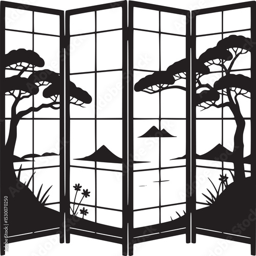 Silhouette of a four panel folding screen with a landscape design of trees and mountains on a white background