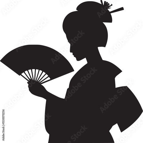 Silhouette of a geisha holding a fan in traditional dress with hair up and white background design