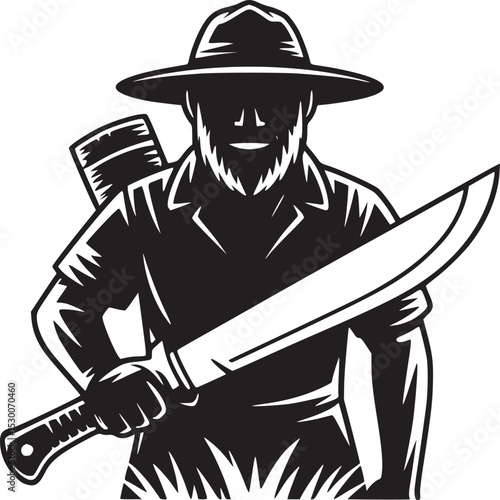 Man with beard and hat holding machete with quiver on back in black and white illustration style