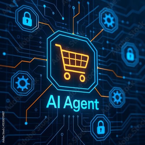 Futuristic digital concept showing AI agent in e commerce with glowing shopping cart icon and circuit lines, symbolizing artificial intelligence in online retail and automation

