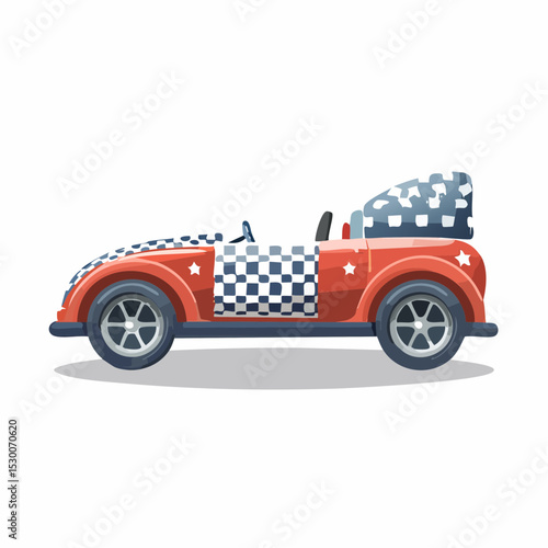 Side-view vector of a child’s bed shaped like a red motor car with racing-themed red and black bedding.