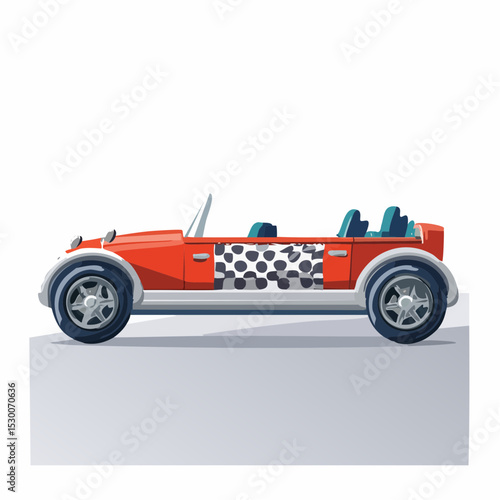Side-view vector of a child’s bed shaped like a red motor car with racing-themed red and black bedding.