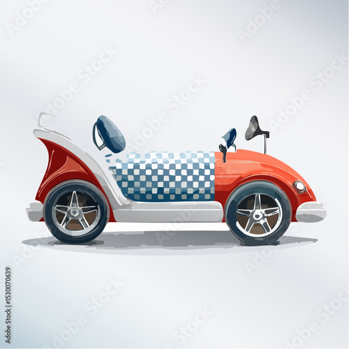 Side-view vector of a child’s bed shaped like a red motor car with racing-themed red and black bedding.