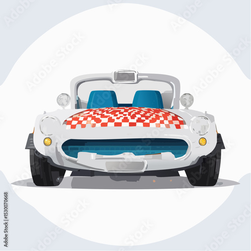Vector of a child’s bed shaped like a red motor car with racing-themed red and black bedding.