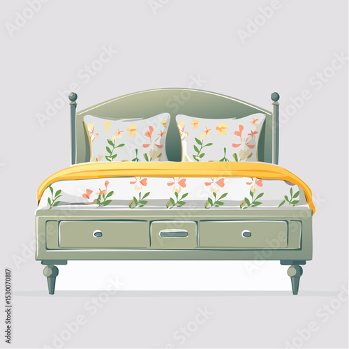Vector of a daybed with sage and ivory bedding decorated with floral line art.