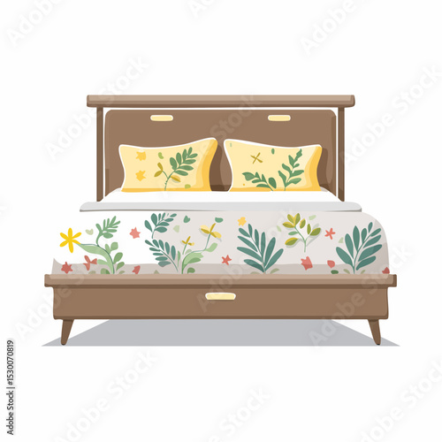 Vector of a daybed with sage and ivory bedding decorated with floral line art.