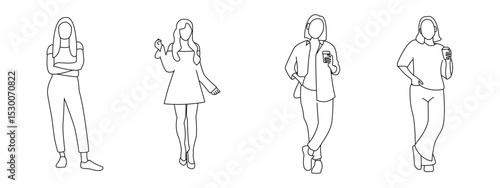 a set Outline Vector of Women in Casual Outfits, Minimalist Line Art of Female Characters