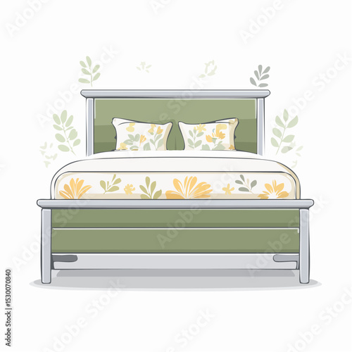 Vector of a daybed with sage and ivory bedding decorated with floral line art.
