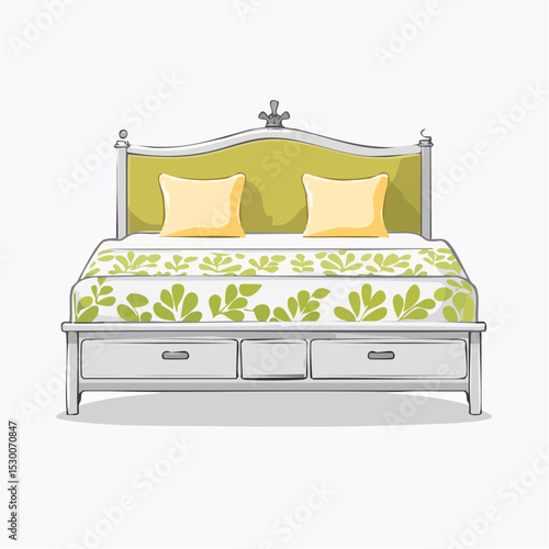 Vector of a daybed with sage and ivory bedding decorated with floral line art.