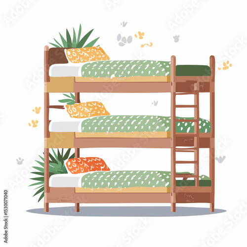 Vector of bunk beds with green and tan bedding featuring jungle animals and leaves.