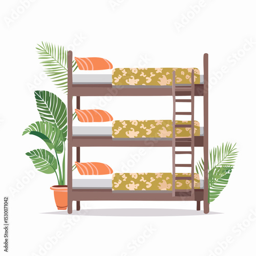 Vector of bunk beds with green and tan bedding featuring jungle animals and leaves.