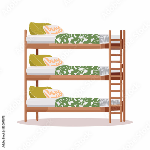 Vector of bunk beds with green and tan bedding featuring jungle animals and leaves.