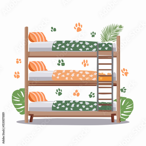 Vector of bunk beds with green and tan bedding featuring jungle animals and leaves.