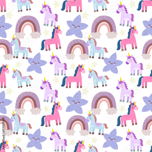 Seamless Pattern of Unicorns, Rainbows, and Stars with a Cute Design