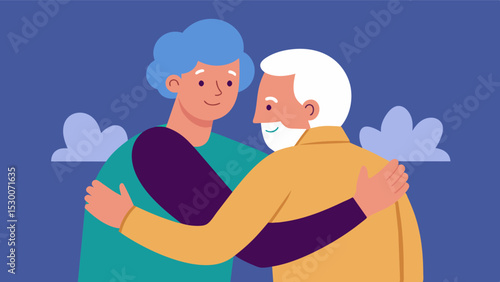 An elderly man with dementia wanders aimlessly through the nursing home until he sees his caregiver who he remembers as his best friend from childhood. They hug and catch up on old. Vector