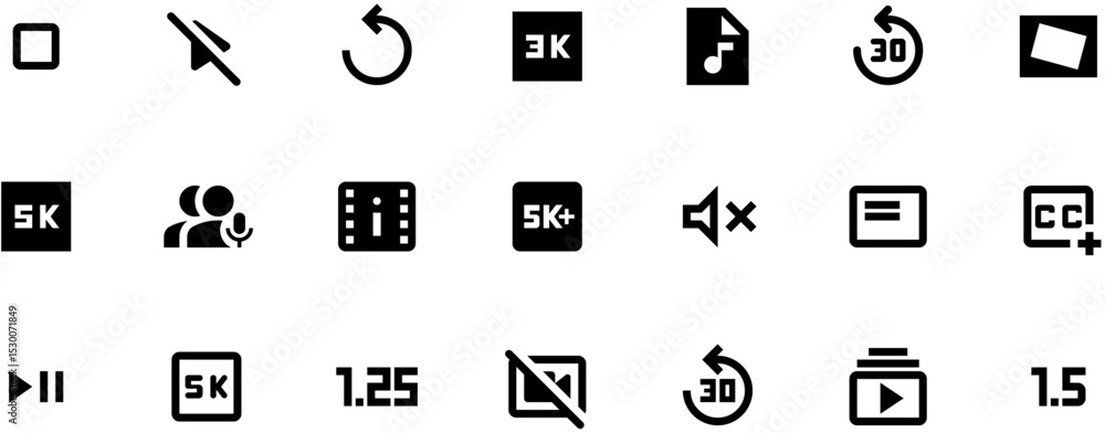 Black and white video player icons set with play button, film frame, user avatar, and media controls in 2D flat style. Black and white video player icons set with play button, film frame, user avatar, and media controls in 2D flat style.