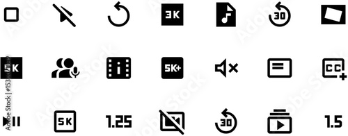 Black and white video player icons set with play button, film frame, user avatar, and media controls in 2D flat style.