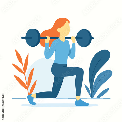 Flat Illustration Young Woman Doing Squats with Barbell in Gym Activity