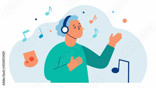A visual of a stroke survivor listening to a customized playlist of upbeat and energizing songs during music therapy to improve their mood and aid in rehabilitation through. Vector illustration