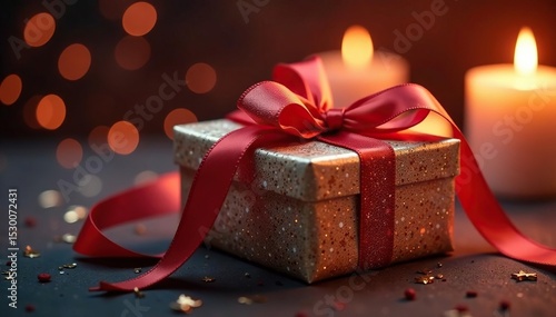 Gleaming gift, rich satin bows, candlelight ambiance , macro photography, festive, satin