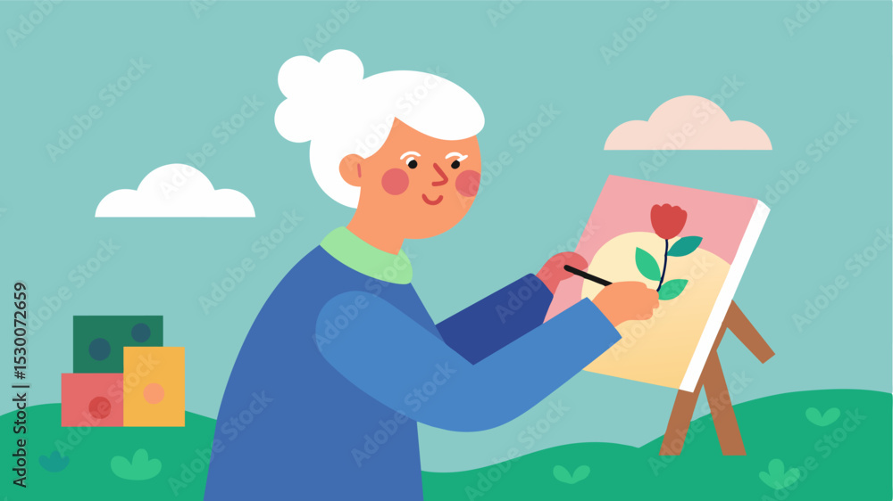 An elderly person living with Alzheimers disease happily painting a scene from their childhood memories. Through the use of art they are able to tap into longterm memories and. Vector illustration An elderly person living with Alzheimers disease happily painting a scene from their childhood memories. Through the use of art they are able to tap into longterm memories and. Vector illustration