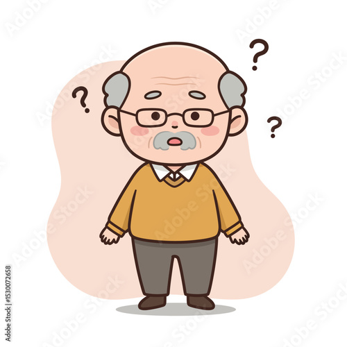 Elderly man looking confused with raised eyebrows on neutral background  