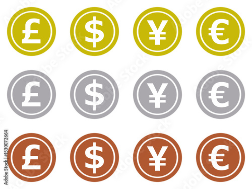金貨・銀貨・銅貨のスタンプ風アイコン 4種の通貨記号3色セット