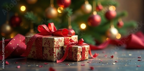 Ornate gift boxes shimmer, Christmas tree backdrop , photo, boxes