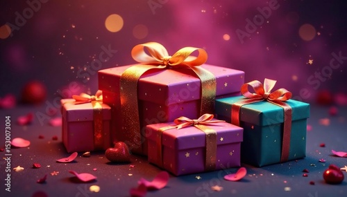 Vibrant gift boxes, gold accents, mystical glow, holiday, fairytale