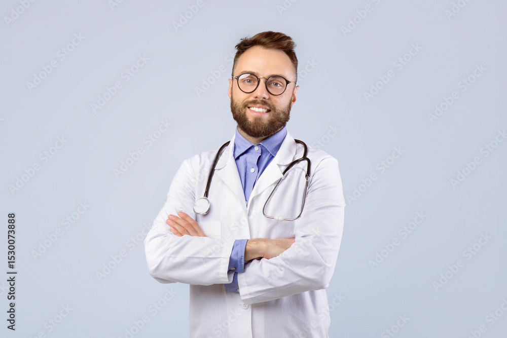 Portrait of happy young doctor in lab coat standing with crossed arms and looking at camera over grey studio background. Positive medical worker in uniform posing and smiling Portrait of happy young doctor in lab coat standing with crossed arms and looking at camera over grey studio background. Positive medical worker in uniform posing and smiling