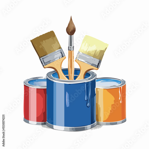 Illustration of paint cans with brushes, ready for artistic creation and decoration.