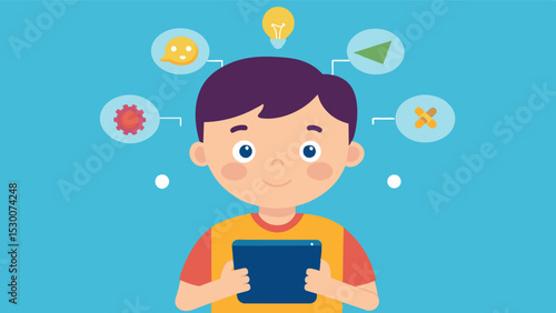 A young child using a tablet to play a game that teaches them about different parts of the brain and how they function.. Vector illustration