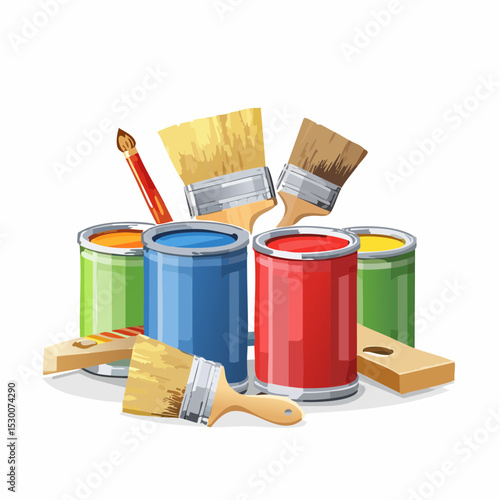 Colorful paint cans and paintbrushes arranged together, ready for a painting project.