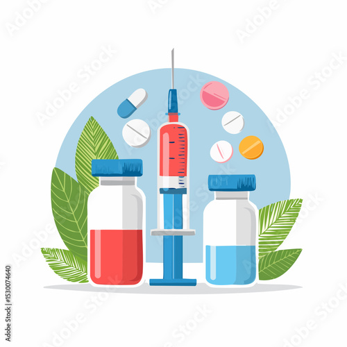 Medical Treatment Injections, Pills, and Medication Vials